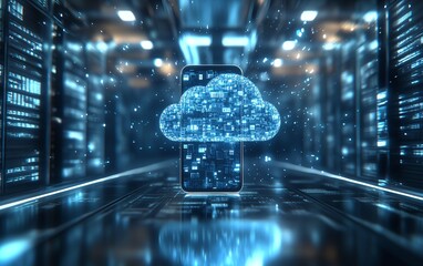 Fototapete - Digital cloud storage concept with smartphone displaying holographic icons of files, folders, and data streams in a futuristic tech environment