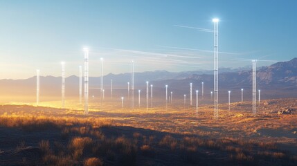 Poster - A network of cell towers scattered across a vast, open terrain, with signals emanating, representing modern communication technology and wireless connections