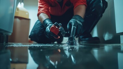 Poster - A plumbing professional inspects a blocked drain with a camera, clearing the obstruction in a clean, high-detail shot, highlighting the precision and technology used in drain services