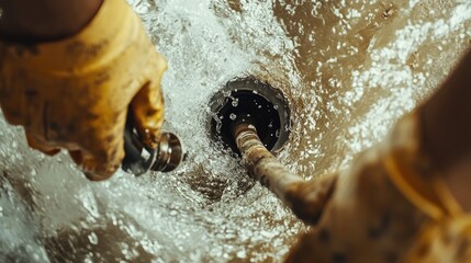 Poster - A plumbing service technician inspects a clogged drain using a camera, clearing it with precision tools, showcasing professional plumbing work in a residential or commercial setting