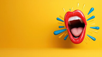 Aufkleber - vibrant pop art illustration featuring large mouth with heart, surrounded by colorful splashes on bright yellow background. This artwork exudes playful energy and creativity