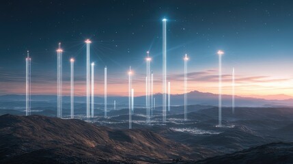 Poster - A series of cell towers connected across expansive landscapes, signals radiating into the sky, illustrating the far-reaching impact of modern telecommunication systems