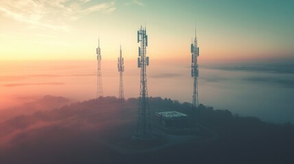 Poster - A series of cell towers connected across expansive landscapes, signals radiating into the sky, illustrating the far-reaching impact of modern telecommunication systems
