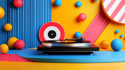 Fototapete - vibrant pop art illustration featuring record player surrounded by colorful geometric shapes. bright colors and playful design evoke sense of nostalgia and creativity