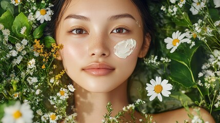 Wall Mural -  Facial creams face with herbal essence, Asian woman embracing natural beauty.  