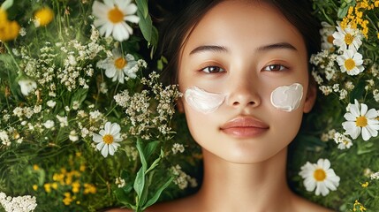 Asian woman with glowing skin face, using organic products and facial creams.  