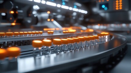 Poster - A state-of-the-art pharmaceutical facility producing medical ampoules on a conveyor belt, with bright orange caps, ideal for showcasing vaccine and medication production