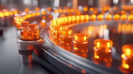 Poster - A state-of-the-art pharmaceutical facility producing medical ampoules on a conveyor belt, with bright orange caps, ideal for showcasing vaccine and medication production