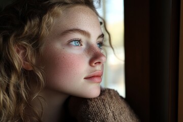 Poster - Young girl gazes thoughtfully out the window on a calm afternoon in a cozy room