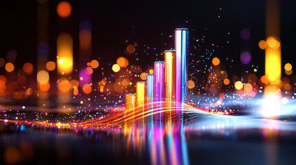 Fototapete - Dynamic bar graph representing market trends with vibrant colors and bokeh effects, showcasing growth and data visualization in modern style