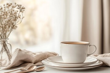 Wall Mural - Warm cup of coffee sits on a table beside a vase of dried flowers in a cozy cafe setting during the morning light