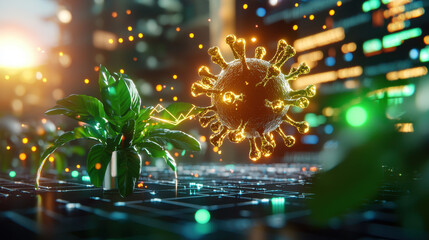 Poster - conceptual visualization of nanotechnology in biotechnology, featuring virus structure surrounded by vibrant plants. This highlights intersection of nature and technology