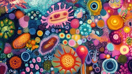 Poster - A vibrant array of bacteria and microorganisms, showcasing the vital role of skin microbiome diversity in promoting healthy skin and overall well-being