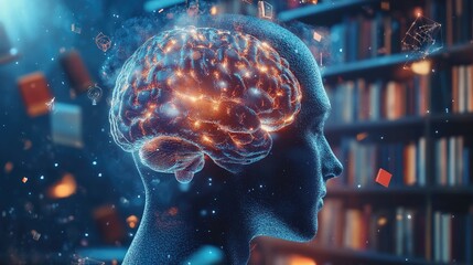 Aufkleber - A visual concept of the human mind, filled with books and symbols of creativity, highlighting cognitive processes, learning, and mental growth in a dynamic way