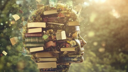 Aufkleber - A visual concept of the human mind, filled with books and symbols of creativity, highlighting cognitive processes, learning, and mental growth in a dynamic way