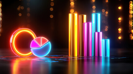 Aufkleber - creative depiction of market analysis concepts featuring glowing charts, colorful bar graphs, and pie charts. This vibrant visualization represents data trends and insights