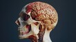© Natchooda - An anatomical cutaway of a human skull, displaying brain anatomy, blood vessels, and nerve pathways, offering a clear, detailed view of the inner workings of the human head
