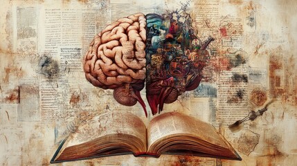 Poster - An artistic representation of the human mind intertwined with literary elements, symbolizing creativity, cognitive growth, and the pursuit of knowledge and well-being