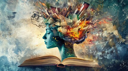 Poster - An artistic representation of the human mind intertwined with literary elements, symbolizing creativity, cognitive growth, and the pursuit of knowledge and well-being