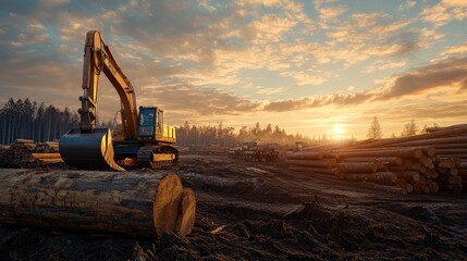 Poster - An excavator working in a lumber yard during sunset, with logs and machinery highlighted against a serene, colorful sky, capturing the peaceful yet industrious scene