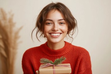 Smiling woman in cozy sweater holds holiday gift with pine decoration in warm indoor setting