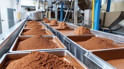 Poster - An industrial production line with containers of cocoa powder in a factory, showcasing the automated processes involved in the production of cocoa products