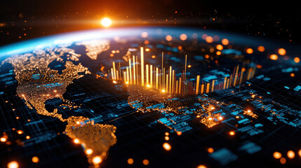 Leinwandbilder - Global trade analytics visualization with glowing data points and graphs, showcasing futuristic perspective of world markets and economic trends
