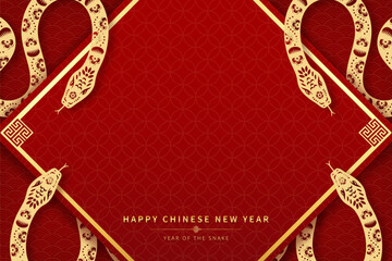 Wall Mural - chinese new year background with oriental style pattern, snake zodiac sign for 2025 and copy space