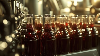 Poster - Bottles traveling through a beverage filling machine in a bottling plant, symbolizing the precision and speed of beverage production and food processing in an industrial environment