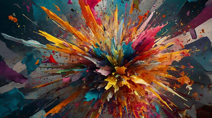 Wall Mural - Artistic chaos collage with an explosion of colors, shapes, and textures, 4K hyperrealistic photo
