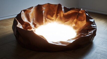 Poster - Brown leather crumples around a glowing white hole, transforming the surface of an old sofa into a surreal visual anomaly