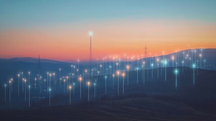 Poster - Cell tower network extending across a remote landscape, with waves of signals radiating from each tower, showcasing the vast reach of mobile connectivity