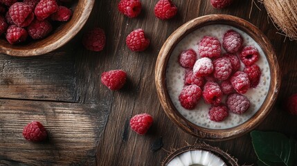 Aufkleber - Chia seed pudding with coconut milk and raspberries, on a wooden table, perfect for showcasing healthy eating, keto diets, and refreshing desserts