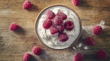 Aufkleber - Chia seed pudding with coconut milk and raspberries, on a wooden table, perfect for showcasing healthy eating, keto diets, and refreshing desserts