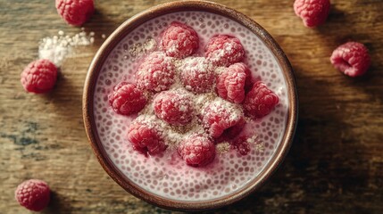 Poster - Close-up of a raspberry chia seed pudding with coconut milk, raspberries, and a keto sweetener, served in a bowl on a wooden table, highlighting healthy ingredients