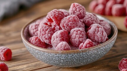 Poster - Close-up of a raspberry chia seed pudding with coconut milk, raspberries, and a keto sweetener, served in a bowl on a wooden table, highlighting healthy ingredients