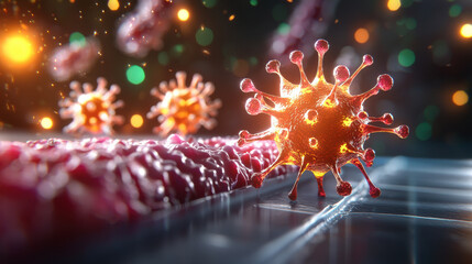 Poster - detailed depiction of nanotechnology interacting with viruses, showcasing vibrant colors and intricate structures. This highlights complexity of microscopic life
