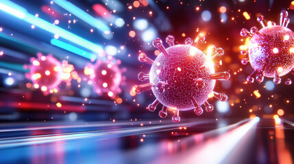 Leinwandbilder - 3D illustration of colorful virus particles in dynamic environment, showcasing nanotechnology and molecular structures, emphasizing scientific innovation and research