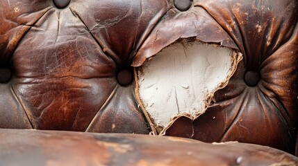 Aufkleber - Close-up of aged brown leather sofa with a mysterious white hole breaking through, contrasting the torn, worn surface