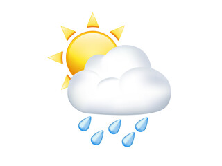 yellow sun half icon covered by rain cloud with blue raindrops