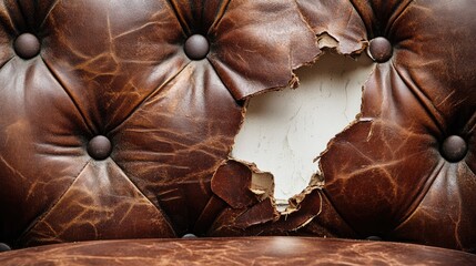 Aufkleber - Close-up of aged brown leather sofa with a mysterious white hole breaking through, contrasting the torn, worn surface