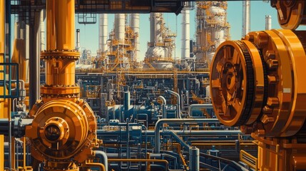 Poster - Close-up of an oil pump in the foreground, with pipelines and industrial structures stretching into the background of an expansive oil field