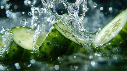 Poster - Close-up of fresh cucumber slices splashing into water, emphasizing their vibrant green color and texture, perfect for health and wellness-themed designs