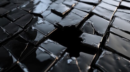 Poster - Close-up of glossy black ceramic bricks, broken by a mysterious black hole that disrupts the surface with a haunting visual effect