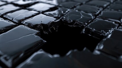 Poster - Close-up of glossy black ceramic bricks, broken by a mysterious black hole that disrupts the surface with a haunting visual effect