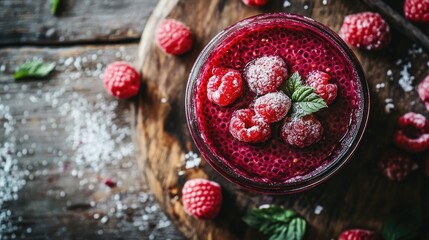 Aufkleber - Close-up of raspberry chia seed pudding with coconut milk, raspberries, and a keto sweetener, served in a jar on a wooden table, perfect for healthy dessert photography