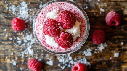 Aufkleber - Close-up of raspberry chia seed pudding with coconut milk, raspberries, and a keto sweetener, served in a jar on a wooden table, perfect for healthy dessert photography