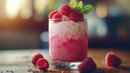 Aufkleber - Close-up of raspberry chia seed pudding with coconut milk, raspberries, and a keto sweetener, served in a jar on a wooden table, perfect for healthy dessert photography