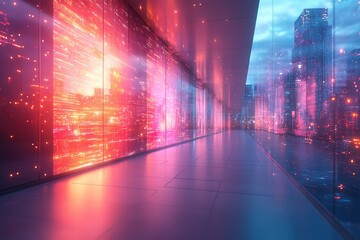 Poster - futuristic cityscape reflected in a modern corridor. neon lights illuminate the sleek interior and t