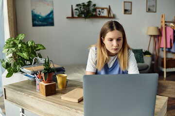 Wall Mural - A teenage girl engages with her laptop in a stylish, welcoming bedroom, surrounded by plants.